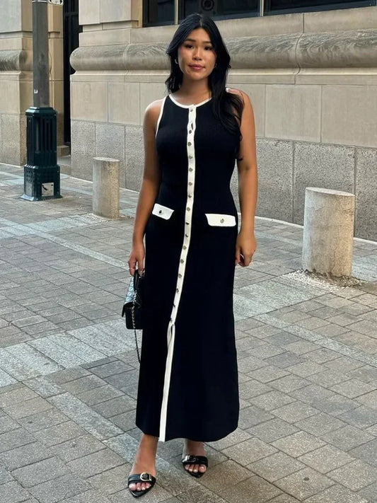 Knit Ribbed Long Dress for Slim Sleeveless Patchwork High Waist Pocket Dress ’s Maxi Dress