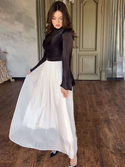 Pleated Dress Mesh Patchwork Bandage Tiered Slim High Street See-through Contrast Autumn New Maxi Dress