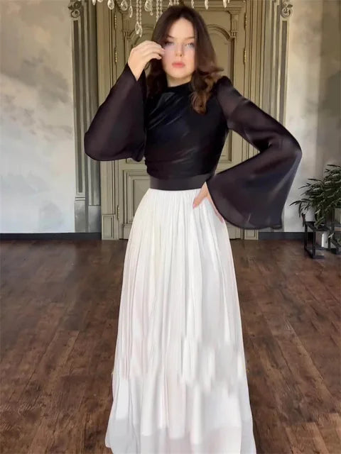 Pleated Dress Mesh Patchwork Bandage Tiered Slim High Street See-through Contrast Autumn New Maxi Dress