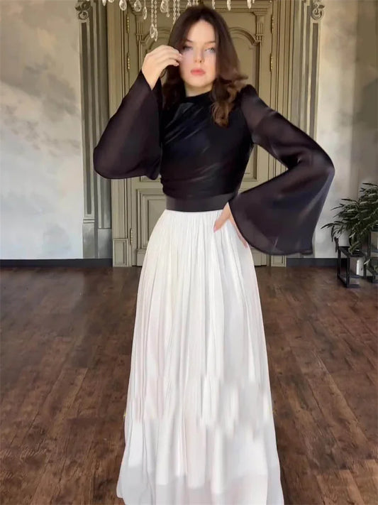 Pleated Dress Mesh Patchwork Bandage Tiered Slim High Street See-through Contrast Autumn New Maxi Dress