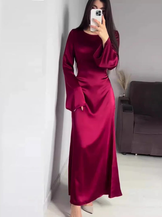 Satin High Waist Maxi Dress Bell Sleeve Lace Up Slim Banquet Mermaid Bodycon Dresses Throbbing in Autumn