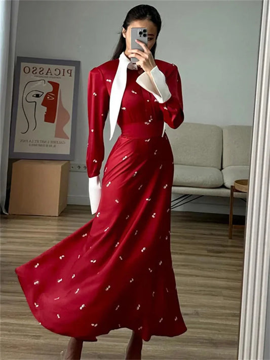 Satin Printed Long Dress ’s High Waist Patchwork Commute Slim Autumn Contrast Dress Female Maxi Dress