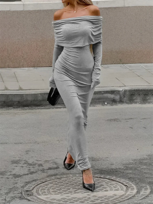 Autumn Knit Long Dress ’s Off-shoulder Patchwork Ribbed High Waist Slim Dress Knitwear Dress