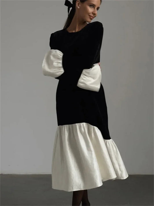 Autumn Patchwork Long Dress ’s High Waist Commute Contrast Loose Dress Female Party Maxi Dress