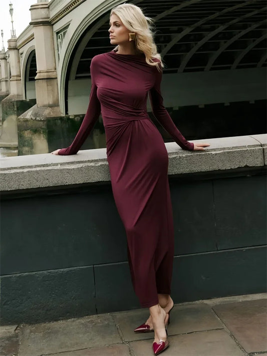 Autumn Pleated Long Dress Female High Waist Slim Bandage Commute Clothes Y2k Maxi Dress