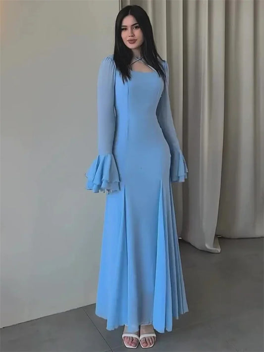 Autumn Ruffled Long Dress Bandage Slim High Waist Patchwork Party Dress ’s Chiffon Maxi Dress