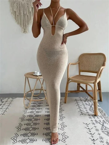 Bandage Backless Halter Dress – Lace-up V-neck Patchwork Long Dress for – See-through Party Dress