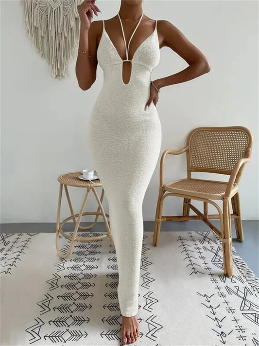 Bandage Backless Halter Dress – Lace-up V-neck Patchwork Long Dress for – See-through Party Dress