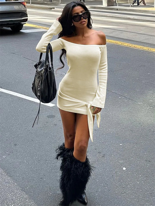 Bandage Off-shoulder Mini Dress for Patchwork Lace-up Backless Clothes Bodycon Dress