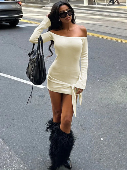 Bandage Off-shoulder Mini Dress for Patchwork Lace-up Backless Clothes Bodycon Dress