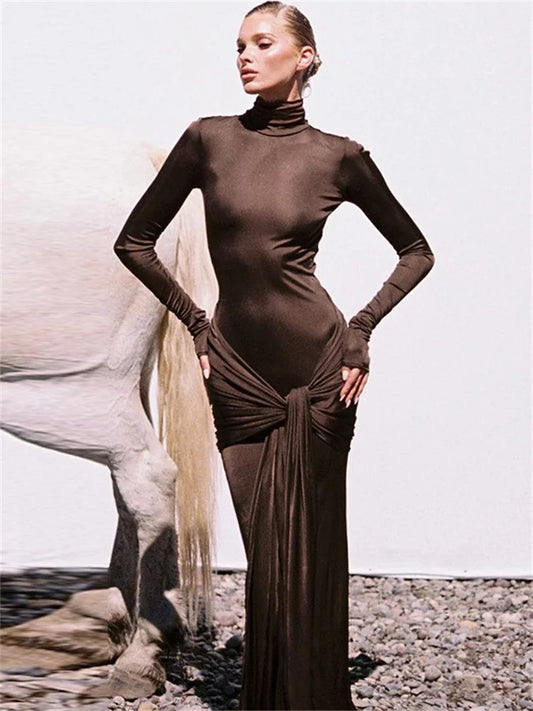 Bandage Spring Maxi Dress Slim Pleated Lace-up Party Dress Long Dress