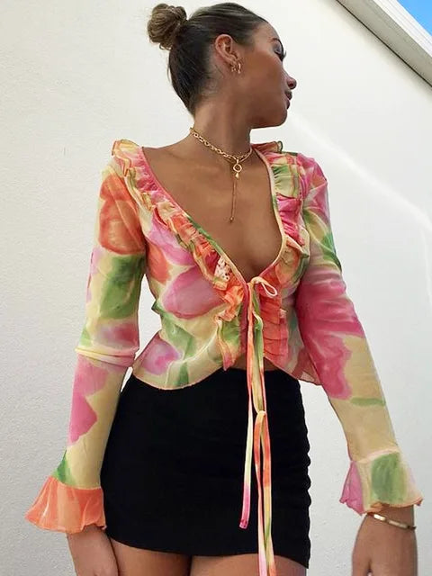 Ruffle Blouse See-through Lace V-neck Tops for Long Sleeve Summer Shirt Party Beach Cropped Top