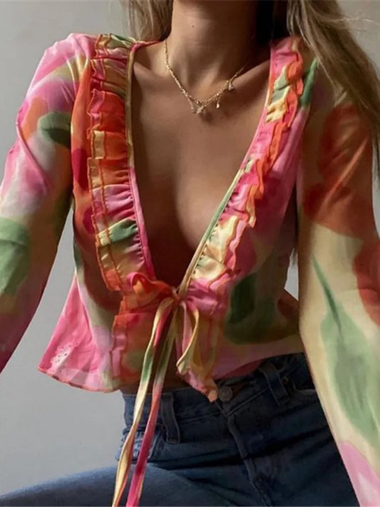 Ruffle Blouse See-through Lace V-neck Tops for Long Sleeve Summer Shirt Party Beach Cropped Top