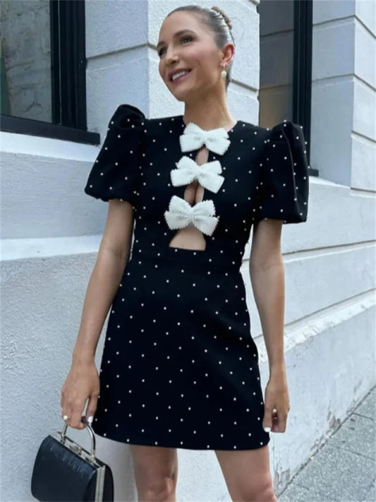 Bow Love Mini Dress Hollow Out Patchwork Short Sleeve Party Dress Female High Street Dress