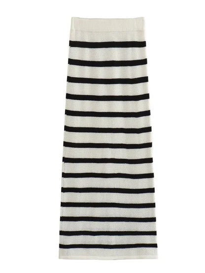 Contrast Knit 2 Piece-set Lace-up Short Sleeve Cardigan Top and Long Skirt Sets High Waist Knitwear Outfits