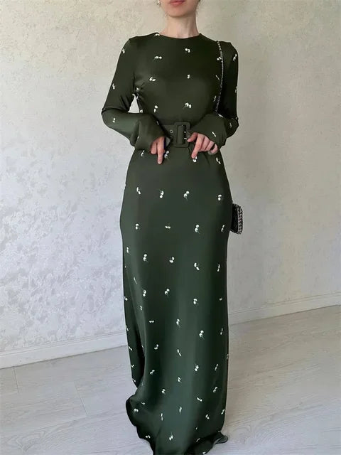 High Waist Long Dress Long Sleeve Slim Ruffled Patchwork Party Dress Printed Maxi Dress