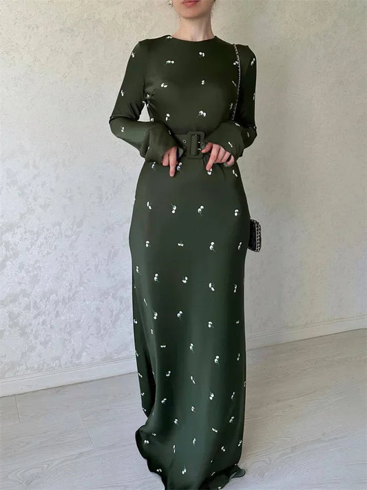 High Waist Long Dress Long Sleeve Slim Ruffled Patchwork Party Dress Printed Maxi Dress