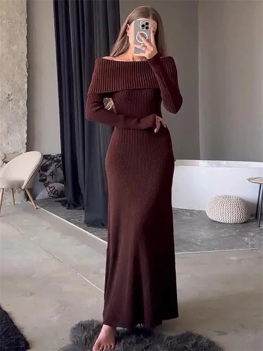 Knit Long Dress Off-shoulder Female Ribbed Loose High Waist Autumn Party Dress Knitwear Maxi Dress