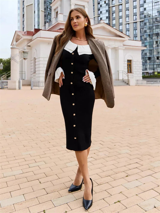 Knit Patchwork Long Dress ’s Ruffled Slim Contrast Ribbed Party Dress Knitwear Autumn Maxi Dress New