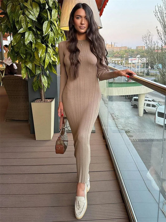 Knit Ribbed Maxi Dress High Waist Long Sleeve Patchwork Slim Party Dress Autumn Knitwear Dress