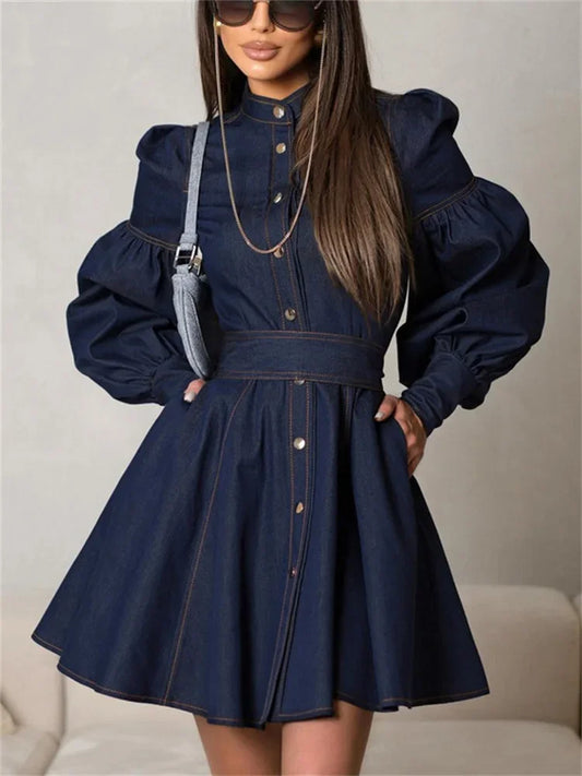 Lace-up Denim Mini Dress for Patchwork High Waist Bandage Jean Female Slim Dress Autumn