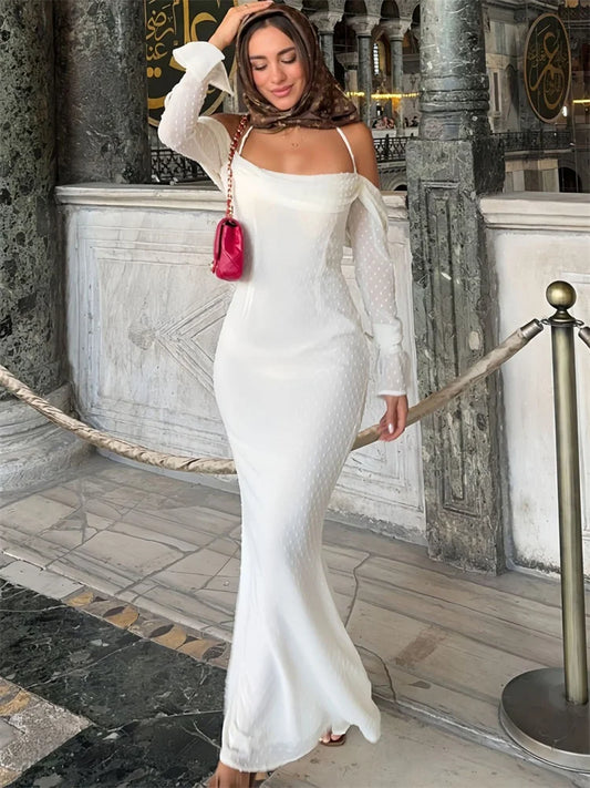 Mesh Backless Long Dress Female Lace-up High Waist Off-shoulder Slim Autumn Party Dress ’s