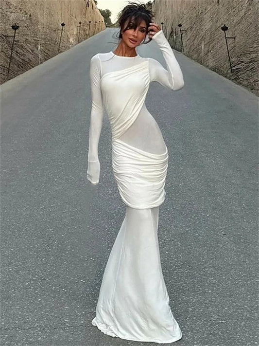 Mesh Patchwork Maxi Dress ’s Pleated Skinny High Waist Slim See-through Party Dress Female Long Dress
