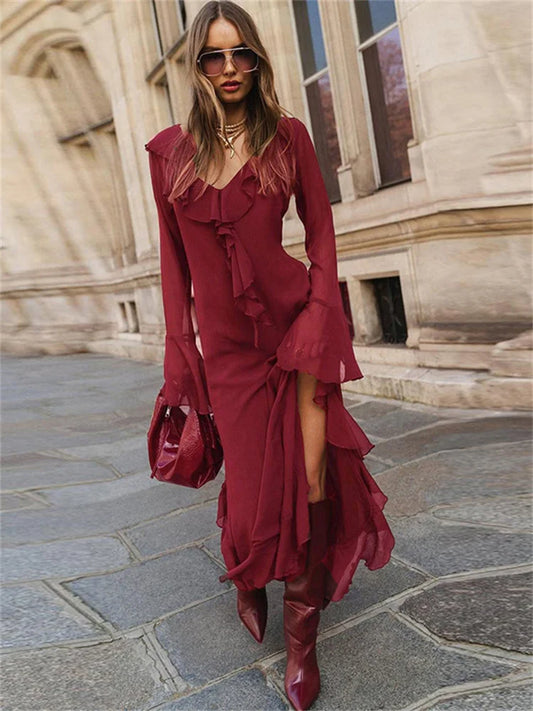 Mesh Ruffled Long Dress ’s V-neck Loose High Waist Patchwork Party Dress Female Autumn Maxi Dress New