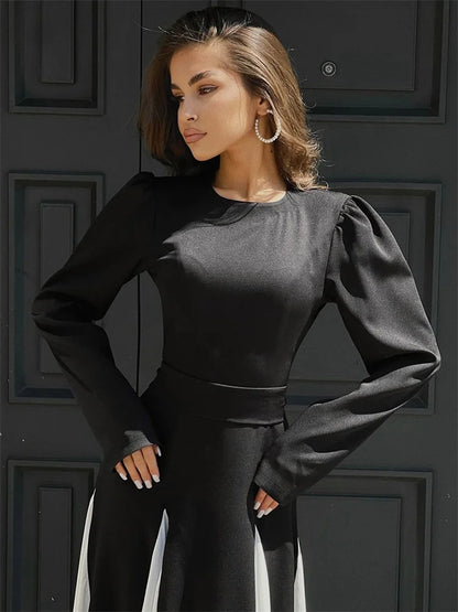 Patchwork Contrast Dress Female Lace-up Party Dress Slim High Waist Bandage Gown ’s Maxi Dress
