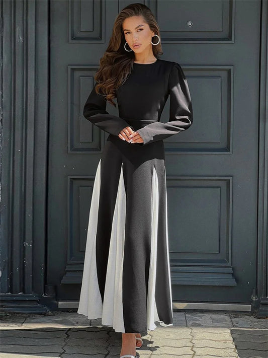 Patchwork Contrast Dress Female Lace-up Party Dress Slim High Waist Bandage Gown ’s Maxi Dress