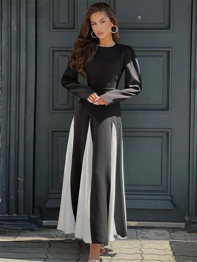 Patchwork Contrast Dress Female Lace-up Party Dress Slim High Waist Bandage Gown ’s Maxi Dress