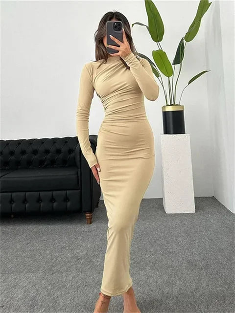 Pleated Autumn Dress Patchwork Long Sleeve Maxi Dress