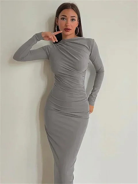 Pleated Autumn Dress Patchwork Long Sleeve Maxi Dress