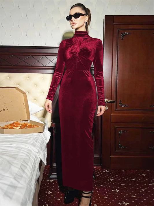 Pleated Skinny Dress Female High Waist Twist Long Sleeve Party Dress Gown ’s Maxi Dress Autumn