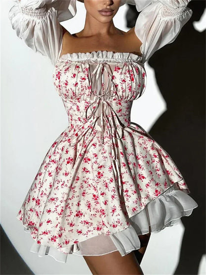 Printed Off-shoulder Mini Dress ’s Ruffled See-through Long Sleeve Bandage Patchwork Dress Female Clothes New