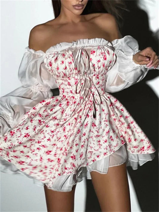 Printed Off-shoulder Mini Dress ’s Ruffled See-through Long Sleeve Bandage Patchwork Dress Female Clothes New