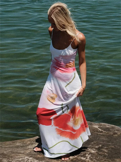 Printed Slim Halter Dresses for Backless Bandage Maxi Dress High Waist Summer New Party Dress
