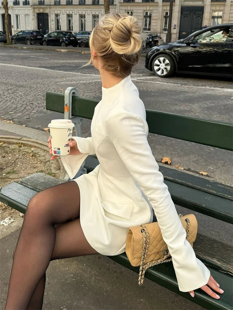 Female Autumn Mini Dress ’s Pocket Patchwork Slim Long Sleeve Commute Clothes Female Mini Dress