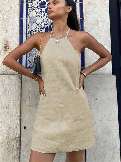 Female Backless Mini Dress Lace-up Basic Hanging Neck Patchwork Off-shoulder Dress Dress