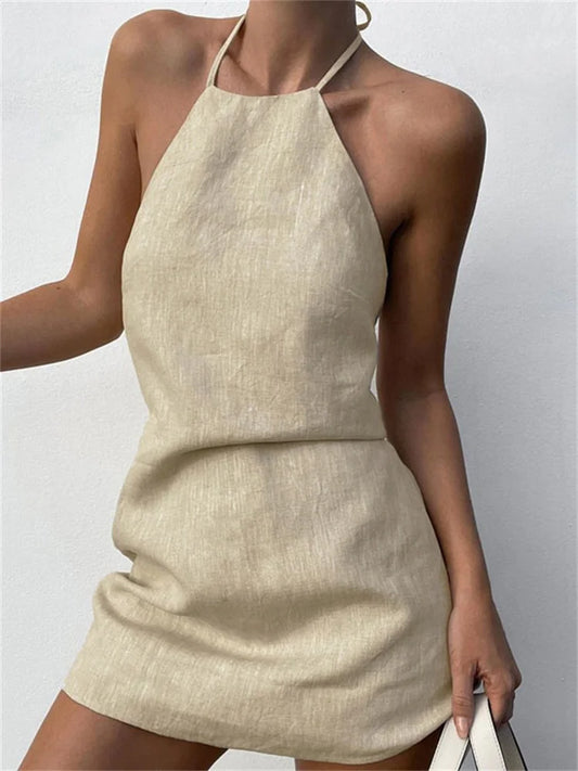 Female Backless Mini Dress Lace-up Basic Hanging Neck Patchwork Off-shoulder Dress Dress