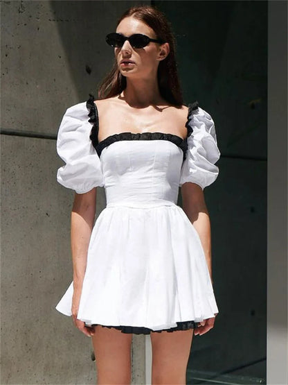 Female Contrast Patchwork Mini Dress Short Sleeve Slim High Street Holiday Dress Party Gown Ruffled Dress
