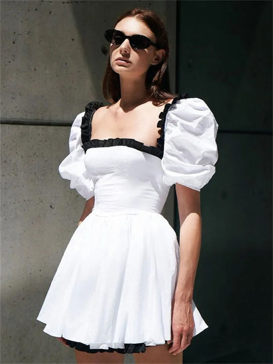 Female Contrast Patchwork Mini Dress Short Sleeve Slim High Street Holiday Dress Party Gown Ruffled Dress