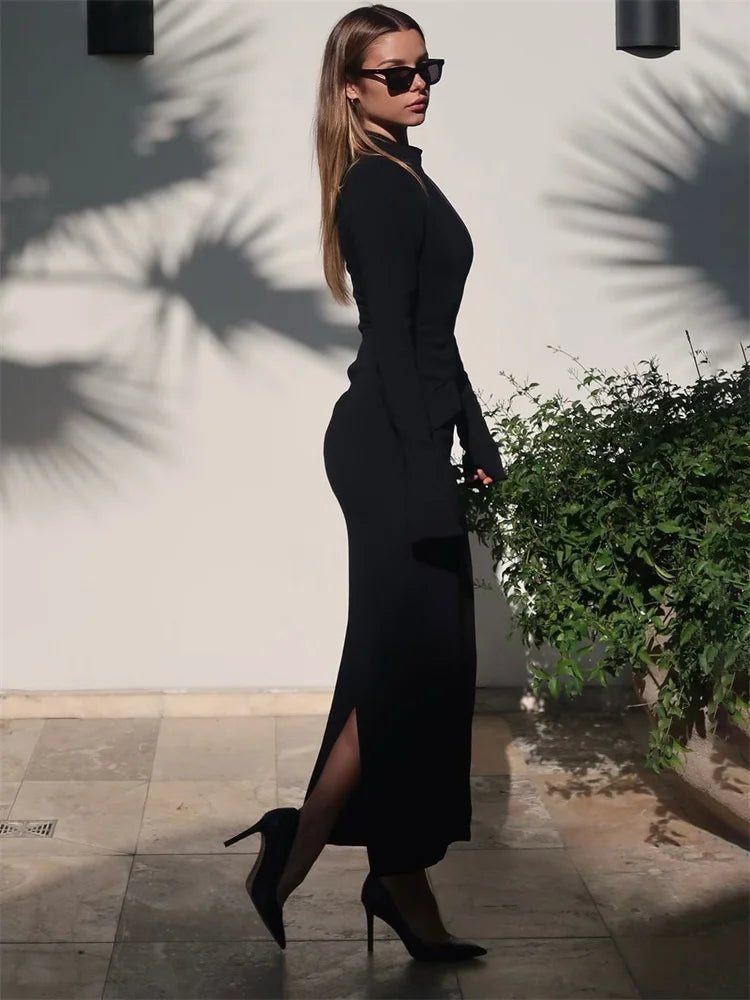 Female Maxi Dress High Waist Pocket Patchwork Skinny Commute Autumn Dress ’s Long Dress