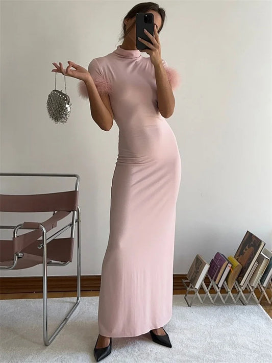 Female Fur Feather Maxi Dress Short Sleeve Autumn High Waist Slim Bodycon Dress Patchwork Long Dress