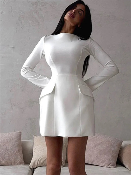 Female White Dress Patchwork Long Sleeve Commute Clothes Dress for Zipper Autumn Mini Dress New