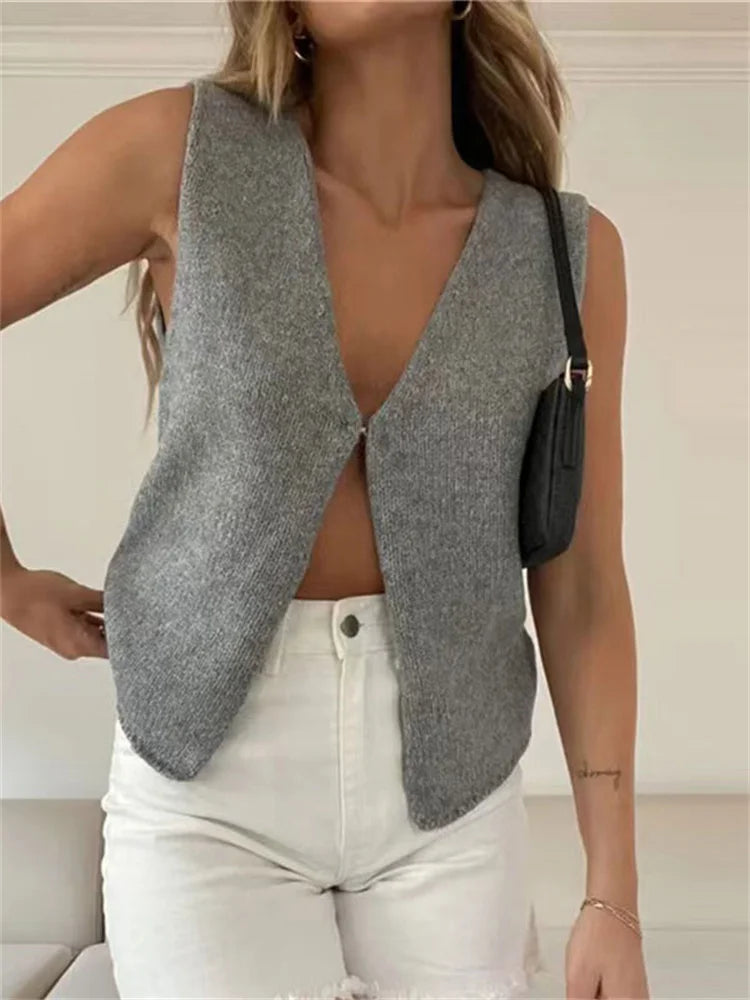 Female Hollow Out Knit Cardigan Sleeveless Baggy High Street Tank Top Summer V-neck Slim Vest Y2k Top