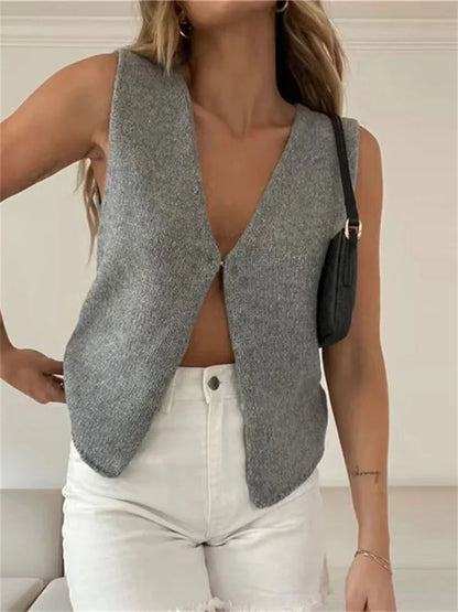 Female Hollow Out Knit Cardigan Sleeveless Baggy High Street Tank Top Summer V-neck Slim Vest Y2k Top