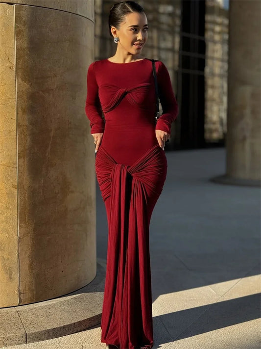 Female Pleated Maxi Dress Patchwork Twist Slim Long Sleeve Y2k Autumn Dress ’s Bodycon Dress