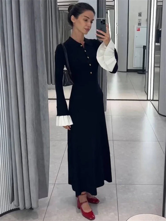 Female Ruffled Knitwear Long Dress Patchwork Slim Contrast Lapel Party Dress Gown ’s Knit Maxi Dress