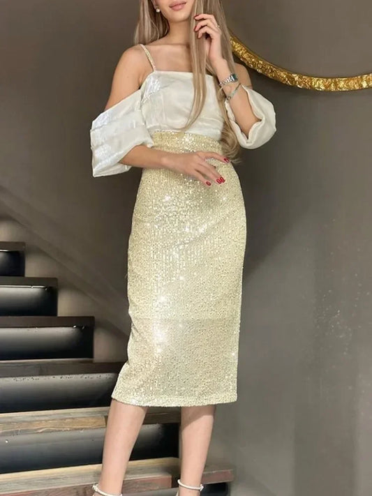 Female Sequin Long Skirt High Waist Patchwork Glitter Party Gown Maxi Skirt Slim for Long Skirt